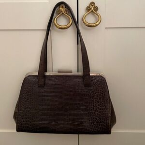 Vintage Brown Crocodile-Embossed Leather Handbag